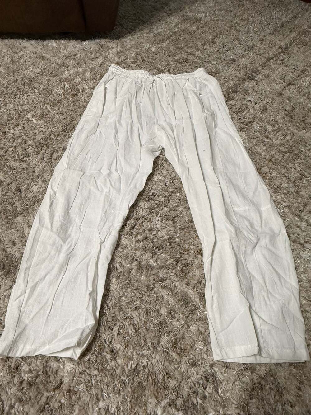 White Cotton Linen Drawstring Elastic Waist Casual Beach Pants with Pockets